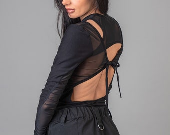 Gothic Mesh Crop Top with Long Sleeve in Black , Plus Size Clothing ,Casual Fitted Blouse ,Revealing Cut Out Top, See through Cocktail Top