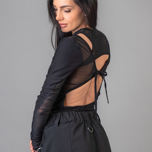 Gothic Mesh Crop Top with Long Sleeve in Black , Plus Size Clothing ,Casual Fitted Blouse ,Revealing Cut Out Top, See through Cocktail Top