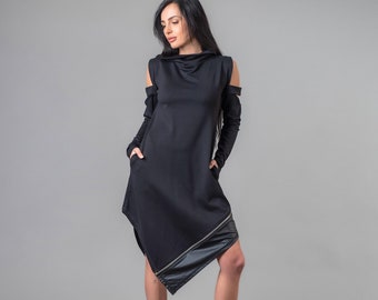 Plus Size Asymmetrical Tunic Dress: Black Cold Shoulder Eco-Leather