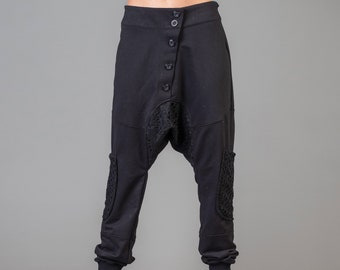 Black Cotton Drop Crotch Harem Pants ,High-Waisted Baggy Trousers ,Black Harem Futuristic Joggers Cargo ,Women Elastic Waist Cotton Pants