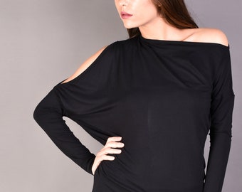 Asymmetrical Cold Shoulder Top,Black cut out shoulder top,Off Shoulder Tunic ,Batwing Sleeve blouse,Casual Blouse,Long Top,Open Shoulder Top