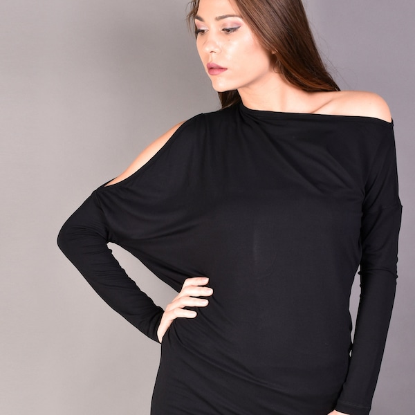 Asymmetrische kalte Schulter Top,Schwarzes Cut-Out Schulter Top,Schulterfreie Tunika,Fledermausärmel Bluse,Lässige Bluse,Lange Top,Offene Schulter Top