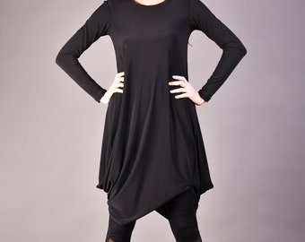 Plus Größe Kleid Maxi-Kleid, Oversize schwarzes Kleid, extravagante Freizeitkleidung, Drapped, Langarm-Kleid, schwarze Maxi-Kleid,