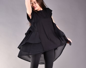 Black Double Layer Chiffon and Jersey Asymmetric Ruffle loose fit Tunic