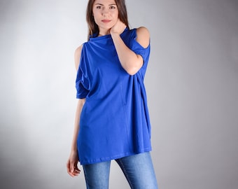 Blue Tunic, Oversized Tunic, Tunic Top, Tunic For Women, Boho Tunic, Short Sleeve Tunic, Off Shoulder Top, Plus Size Clothing