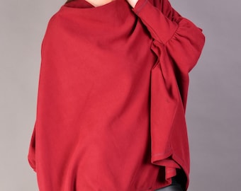 Plus Size Loose Batwing Long Sleeve Asymmetrical Hem Sweater/ Red Maxi Sweater/Loose Long Blouse/Batwing French Terry Extravagant Blouse Top