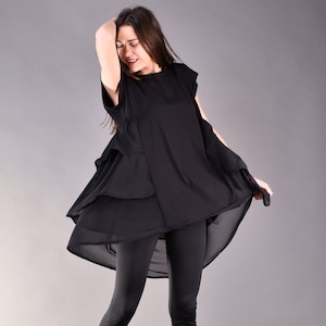 Black Double Layer Chiffon and Jersey Asymmetric Ruffle loose fit Tunic image 1