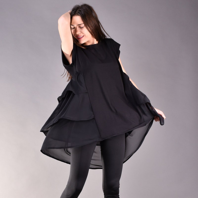 Pucker Chiffon Trapeze Tunic Top, Black