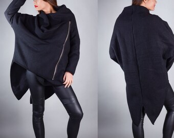 Loose Boiled Wool Jacket High Neck collar,Black Oversize Wool Jacket, Plus Size Clothing , Midi lengh Asymmetric Zip Up Oversize jacket