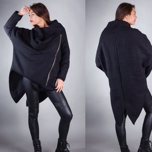 Loose Boiled Wool Jacket High Neck collar,Black Oversize Wool Jacket, Plus Size Clothing , Midi lengh Asymmetric Zip Up Oversize jacket