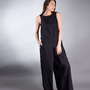 Tuta in lino/Tuta nera/Tuta a gamba larga/Vestiti in lino/Vestiti taglie forti/Tuta estiva minimalista e ampia Boho a gamba palazzo