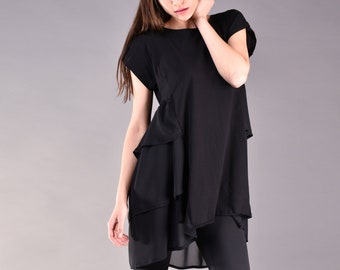 Túnica negra, túnica de talla grande, túnica asimétrica, túnica para mujer, túnica negra extravagante, túnica holgada, túnica extragrande, túnica maxi