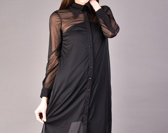 Long Shirt Dress, Black Shirt Dress, Chiffon black shirt, Maxi Loose Shirt, Sheer Maxi Dress, Plus Size Shirt, Oversized shirt dress