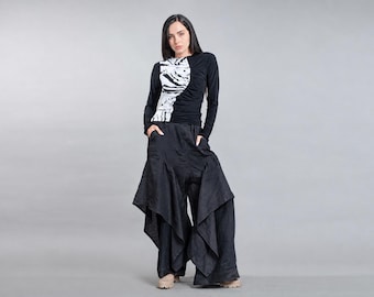 Calças de linho preto de pernas largas, calças palazzo drapeadas de vanguarda, roupa estilo bruxa sombria, linho gótico boho para festivais.
