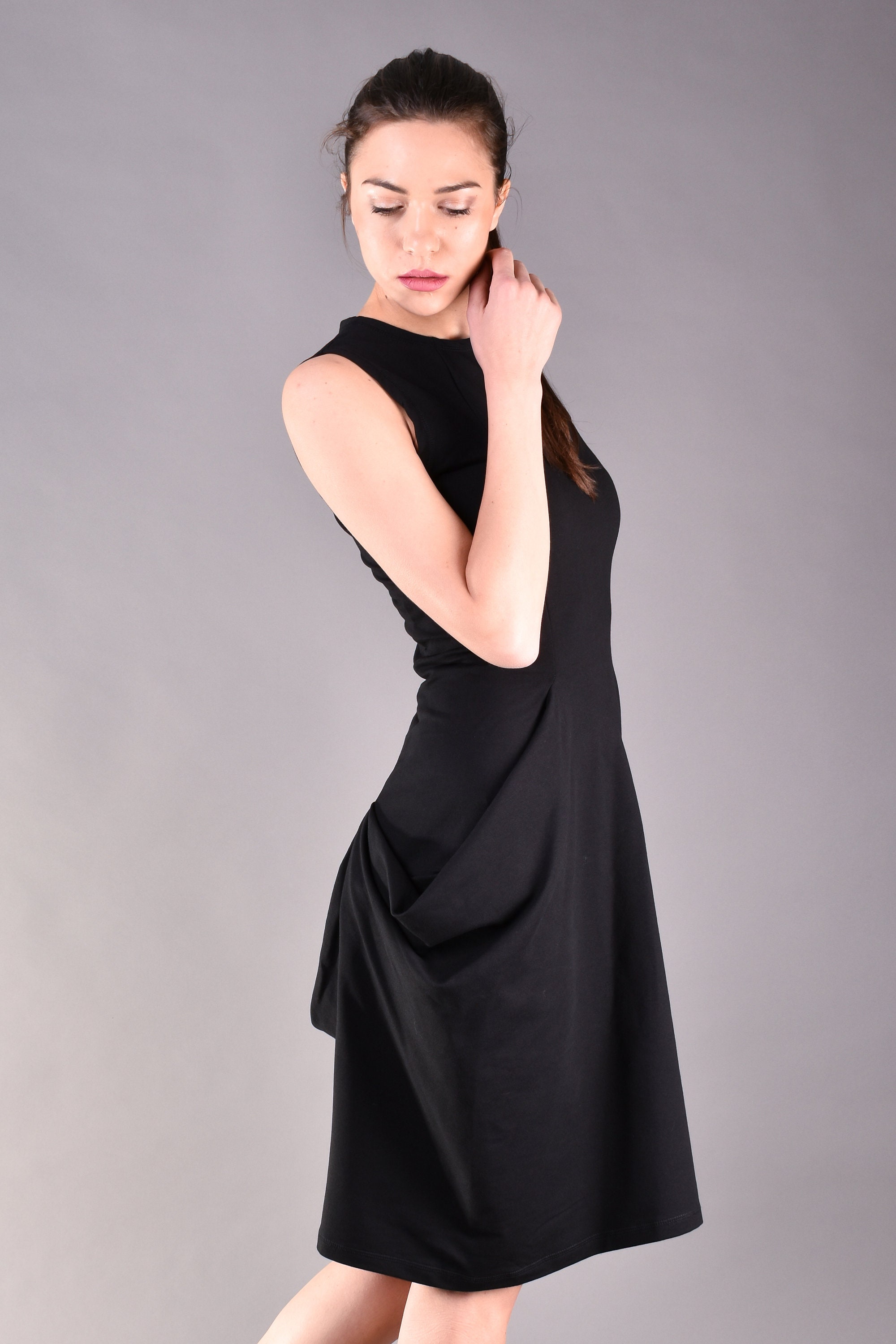 Sleeveless Black Knee Length Dress, Draped Cocktail Dress