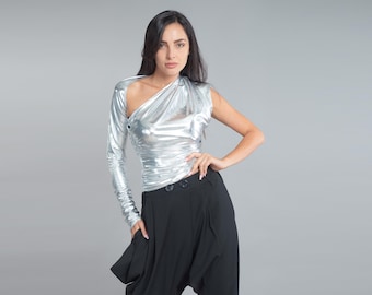 Draped Silver Cold shoulder one Sleeve Top in Soft Eco Leather