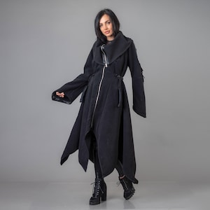 Asymmetrical Long Black Gothic Winter Coat ,Plus Size Long Casual Coat,Fit and Flare Princess Coat,Extravagant Loose Pixie Autumn Сoat
