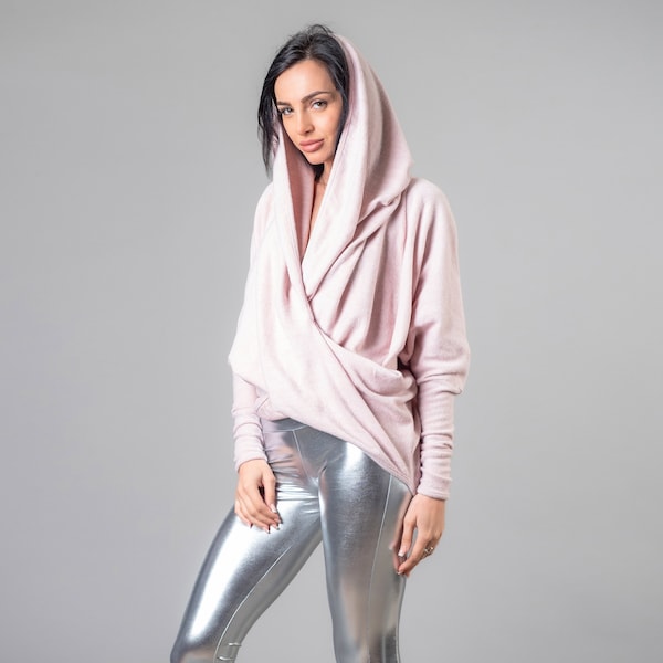 NEW Batwing Long Sleeve Cowl Hood Asymmetrical Hem Sweater /Comfortable Loose Knit light pink Twist front Tunic /Hooded Sweatshirt for Women