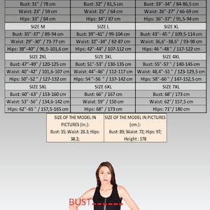 May include: Size chart for clothing with measurements in inches and centimeters. The chart shows bust, waist, and hip measurements for sizes XXS through 7XL. The chart also includes measurements of a model in inches and centimeters.