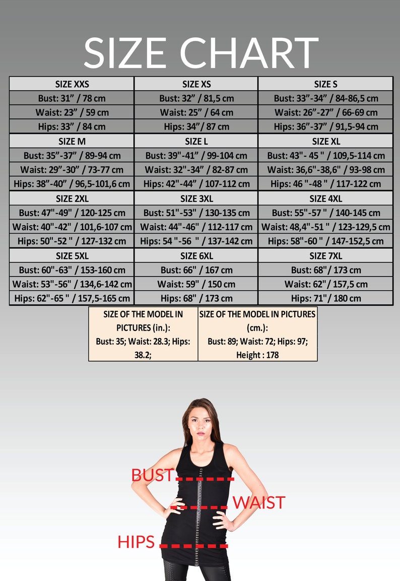 May include: Size chart for clothing with measurements in inches and centimeters. The chart shows bust, waist, and hip measurements for sizes XXS through 7XL. The chart also includes measurements of a model in inches and centimeters.