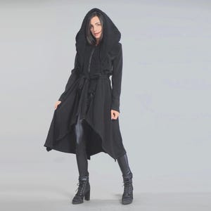 Avantgarde Winter Cardigan with Oversized Shawl Hood, Zipper Front & High-Low Flowy Hem