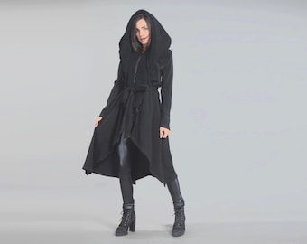 Avantgarde Winter Cardigan with Oversized Shawl Hood, Zipper Front & High-Low Flowy Hem