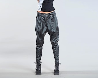 Vegan Eco Leather Drop-Crotch Baggy Pants with Slim Pencil Legs and Front Pleating
