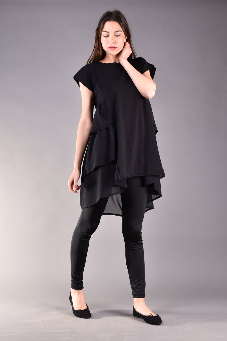 Black Double Layer Chiffon and Jersey Asymmetric Ruffle loose fit Tunic image 6