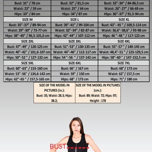 May include: Size chart for clothing with measurements in inches and centimeters. The chart shows bust, waist, and hip measurements for sizes XXS through 7XL. The chart also includes the size of the model in the pictures, with measurements in inches and centimeters.