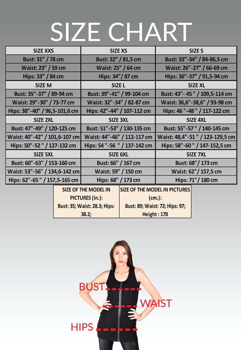 May include: Size chart for clothing with measurements in inches and centimeters. The chart shows bust, waist, and hip measurements for sizes XXS through 7XL. The chart also includes the size of the model in the pictures, with measurements in inches and centimeters.