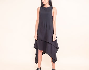 Asymmetrical Oversized Black Dress with Layered Cut