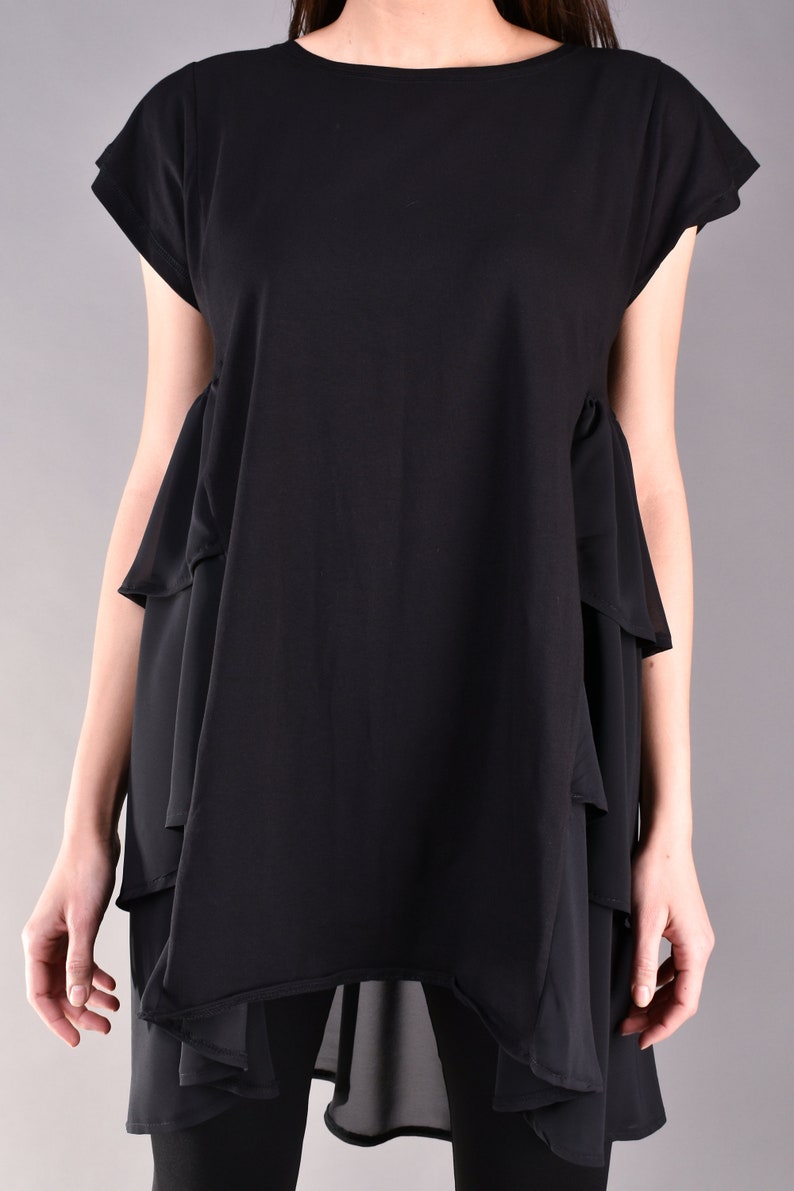 Black Double Layer Chiffon and Jersey Asymmetric Ruffle loose fit Tunic image 3