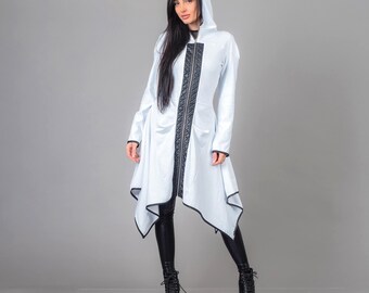 White Asymmetric Fit and Flare Hoodie with Long Sleeves, Pleated Details and Eco Leather Trim