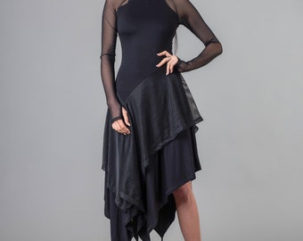 NEW  Black Long Sleeve Bodycon Mesh Dress/ Asymmetric Hem Tunic Dress/ Black Overlay See through Tulle Party dress/Fitted Formal Dress