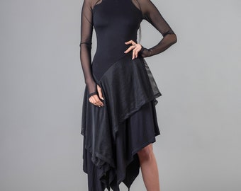 New Black Long Sleeve Bodycon Mesh Dress/ Asymmetric Hem Tunic Dress/ Black Overlay See through Tulle Party dress/Fitted Formal Dress