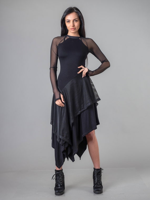 New Black Long Sleeve Bodycon Mesh Dress/ Asymmetric Hem Tunic Dress/ Black Overlay See through Tulle Party dress/Fitted Formal Dress New Black Long Sleeve Bodycon Mesh Dress/ Asymmetric Hem Tunic Dress/ Black Overlay See through Tulle Party dress/Fitted Formal Dress