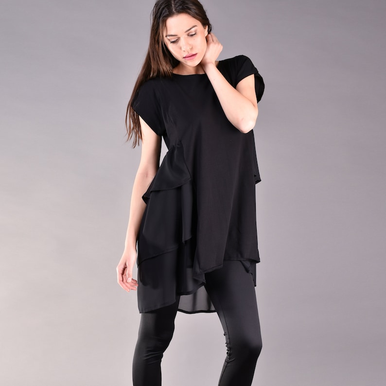 Black Double Layer Chiffon and Jersey Asymmetric Ruffle loose fit Tunic image 4