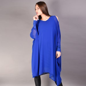 Plus Size Of the Shoulder Loose Royal Blue Dress Tunic ,Maxi Loose Chiffon Kaftan ,Cold Shoulder Long Sleeve Oversize Chiffon Dress