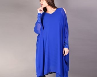 Plus Size Of the Shoulder Loose Royal Blue Dress Tunic ,Maxi Loose Chiffon Kaftan ,Cold Shoulder Long Sleeve Oversize Chiffon Dress