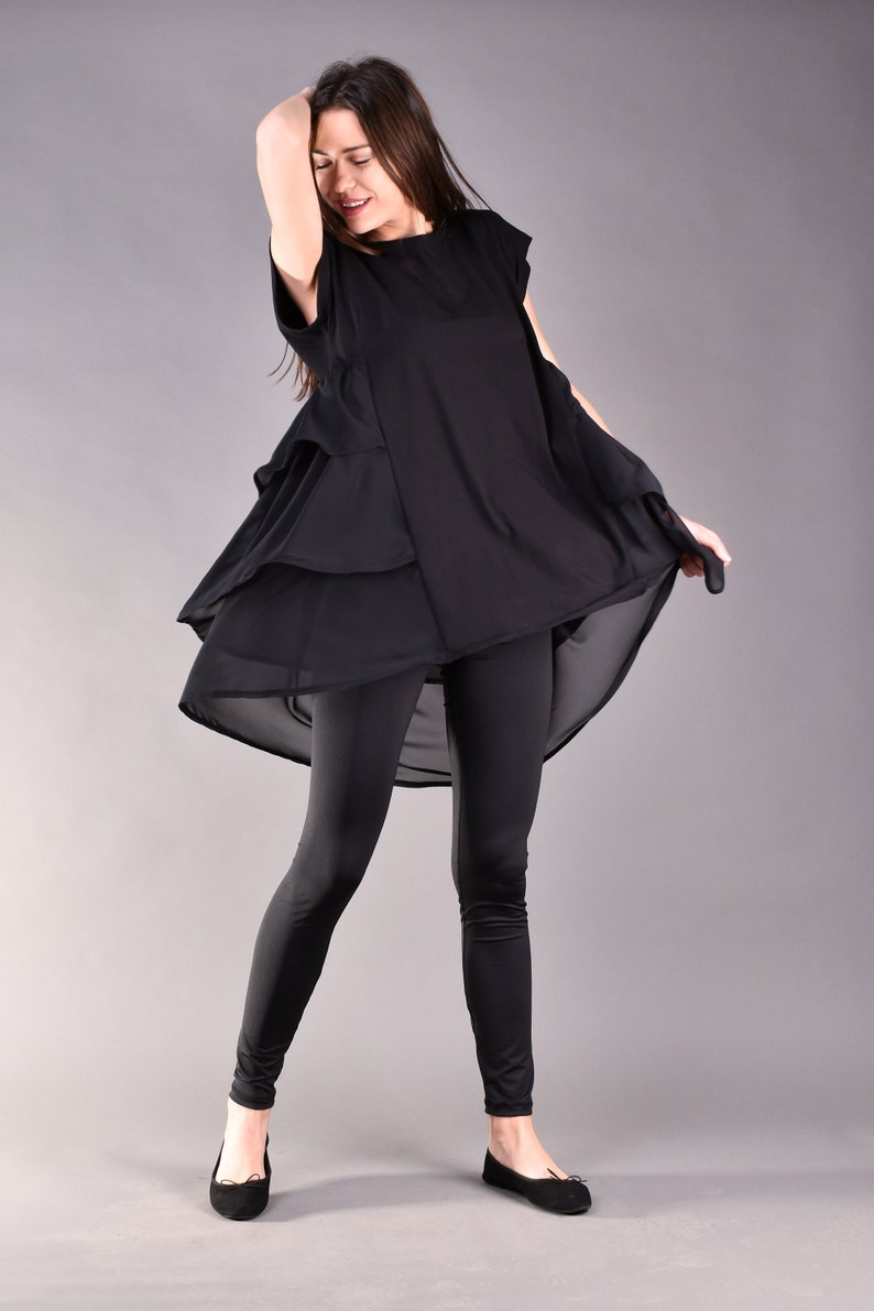 Black Double Layer Chiffon and Jersey Asymmetric Ruffle loose fit Tunic image 1