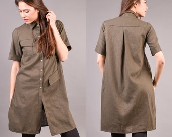Boho Linen Tunic Dress, Plus Size Shirt with Pockets