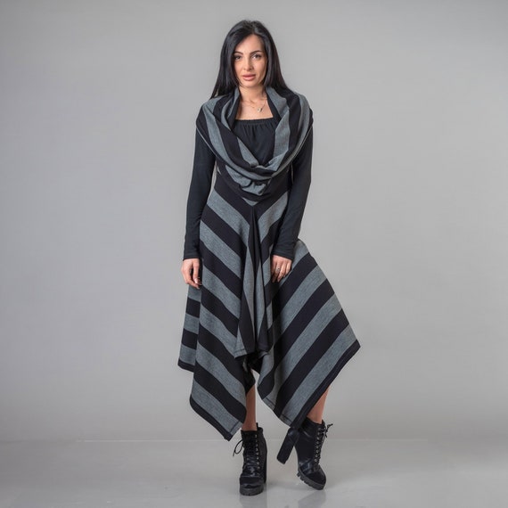 Plus Size Striped Asymmetrical Knit Dress, Fit and Flare Loose Long Tunic Dress ,Warm Knitted Long Tunic Dress , Long Sleeve Bodycon Dress