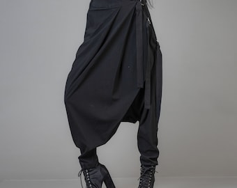 Loose Casual Black Drop Crotch Pants , Black Baggy Women's Trousers ,High Waist Tie Belts Maxi Pants , Sexy Trendy Oversize Pants