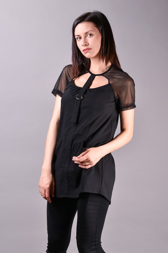 Black Top Blusas Negras Blusa Steampunk Blusa de Verano Tul