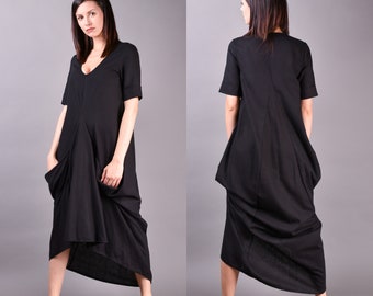 Black Linen Maxi Dress, Asymmetrical Draped Summer Dress