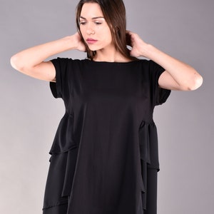 Black Double Layer Chiffon and Jersey Asymmetric Ruffle loose fit Tunic image 7