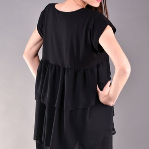 Black Double Layer Chiffon and Jersey Asymmetric Ruffle loose fit Tunic image 2