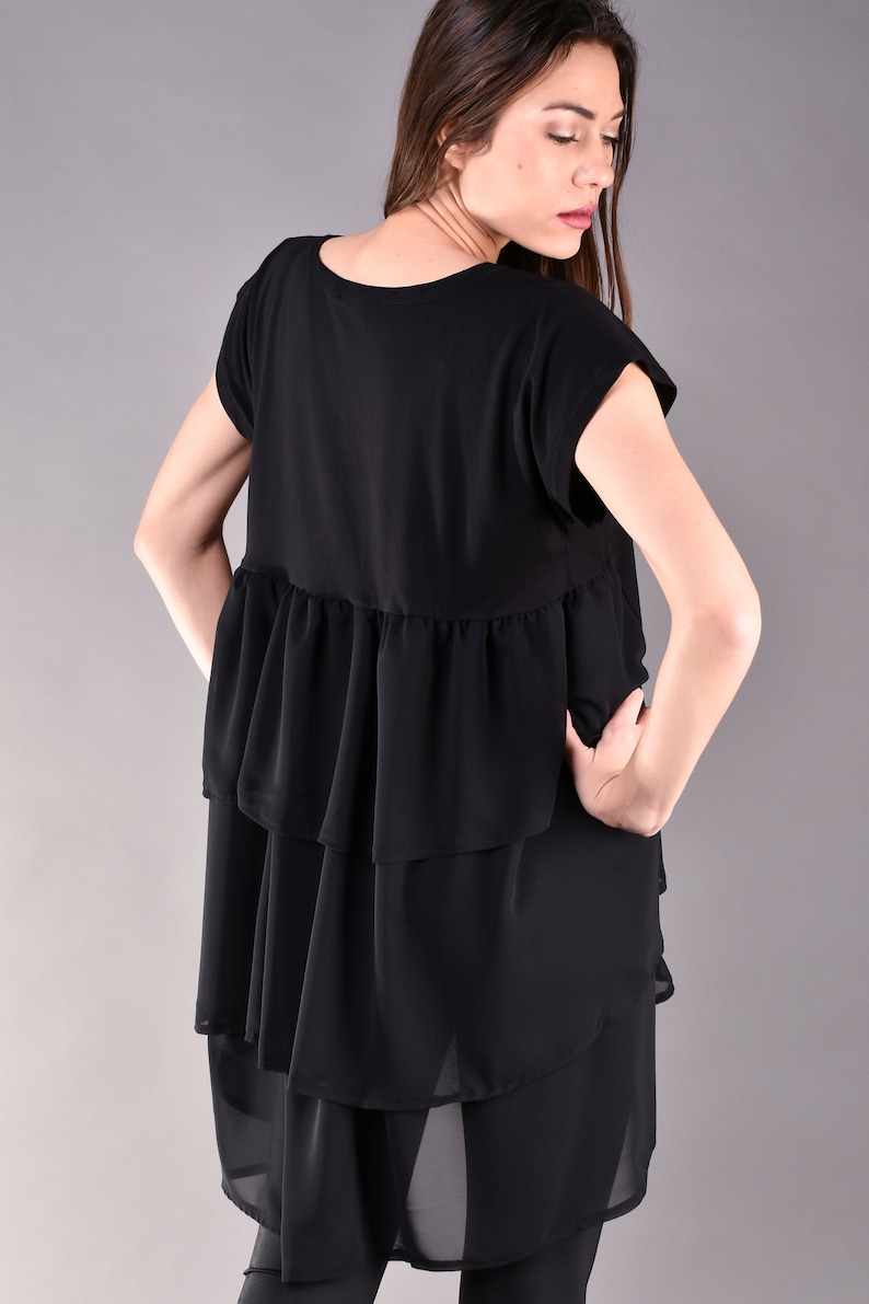 Black Double Layer Chiffon and Jersey Asymmetric Ruffle loose fit Tunic image 2