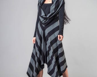 Plus Size Striped Asymmetrical Knit Dress, Fit and Flare Loose Long Tunic Dress ,Warm Knitted Long Tunic Dress  , Long Sleeve Bodycon Dress