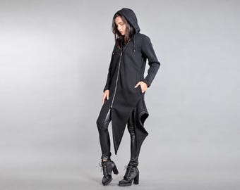 Gothic Asymmetric Hooded Zip Coat | Avant-Garde Black Maxi Hoodie | Dark Fashion Draped Hem Jacket | Witch Aesthetic Outerwear Women